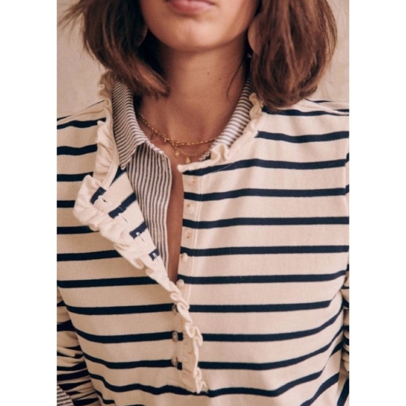 Sezane Tops - SÉZANE Gael Marienere Ecru Navy Ruffle Edge Button Front Pullover Top XL EUC